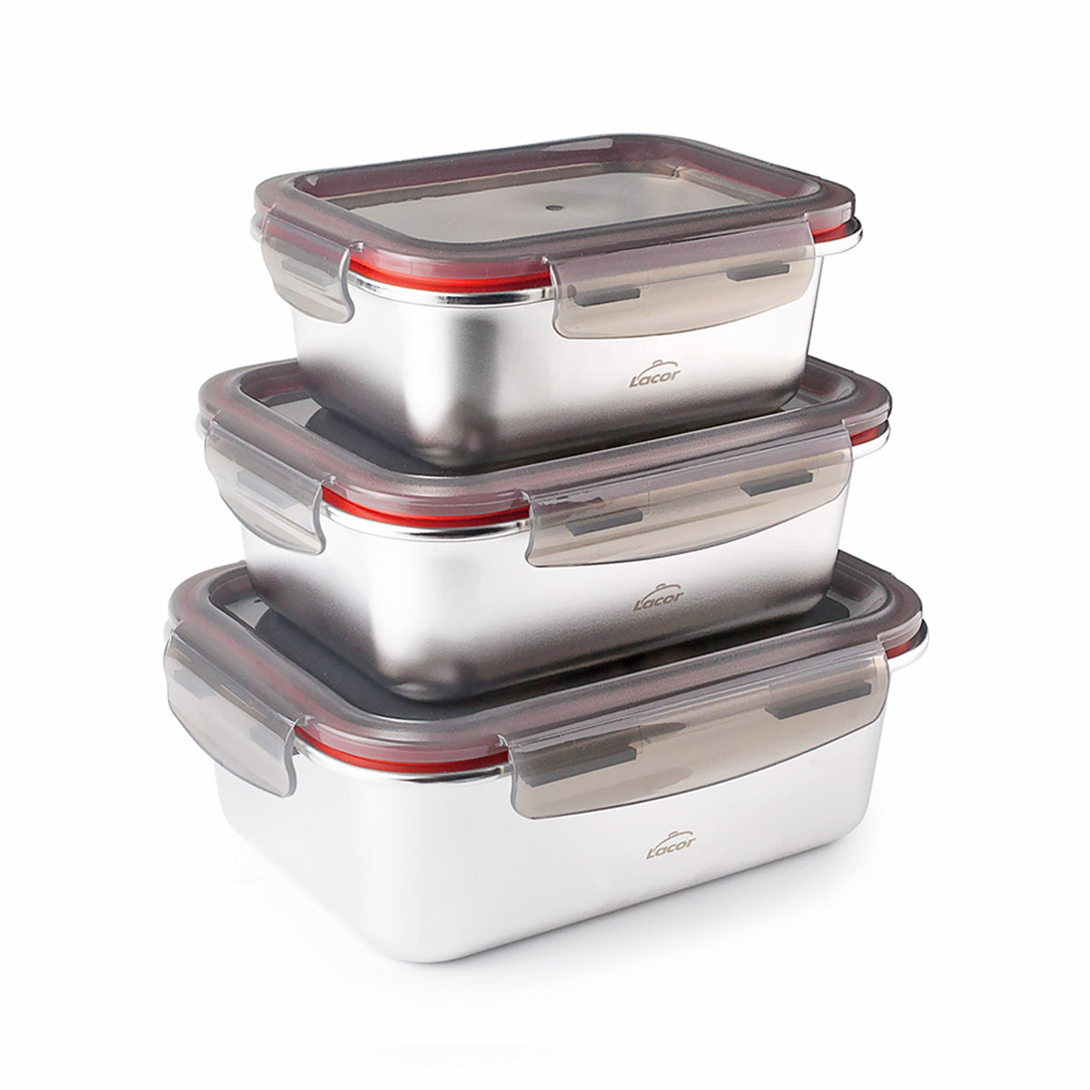 LACOR EcoInox - Lote de 3 Recipientes Rectangulares de 0.5L, 0.8L y 1.2L en Acero Inox. Apto Microondas