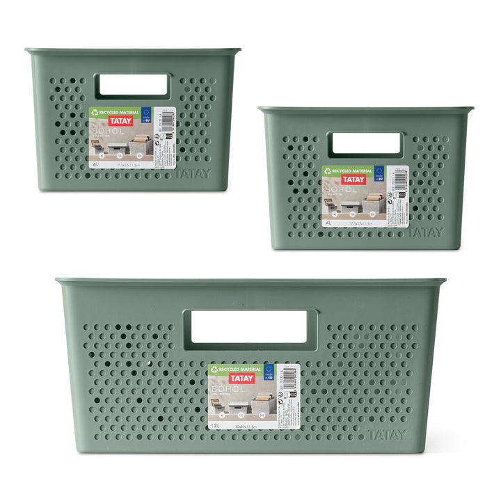 TATAY Bohol - Set 3 Cajas Organizadoras 12L+4L+4L en Plástico Reciclado. Verde Sage