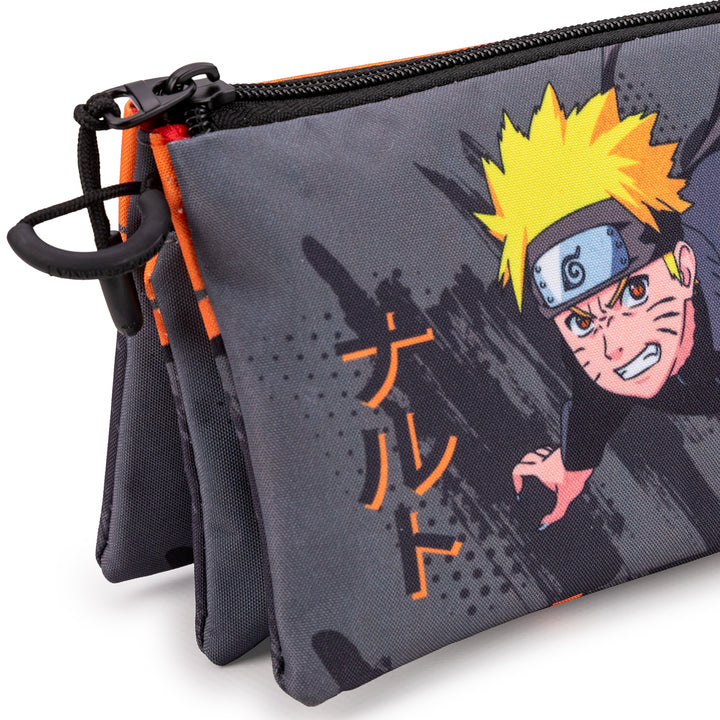 NARUTO Shurike - Estuche Escolar Triple Portatodo con 2 Cremalleras. Gris