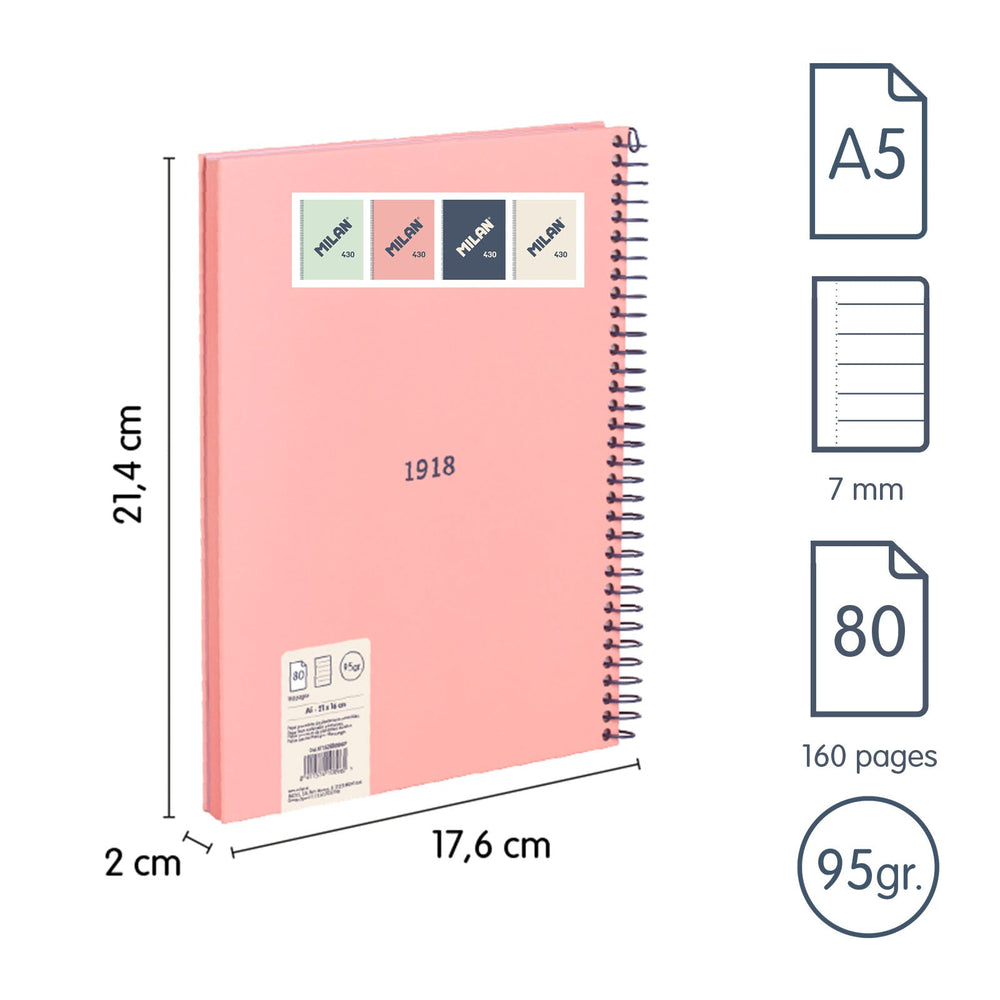 MILAN 430 - Cuaderno A5 Espiral y Tapa Dura. Papel Pautado 80 Hojas 95gr Rosa