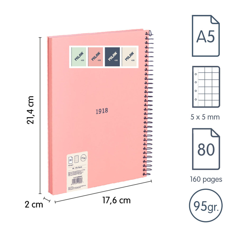 MILAN 430 - Cuaderno A5 Espiral y Tapa Dura. Papel Cuadriculado 80 Hojas 95gr Rosa