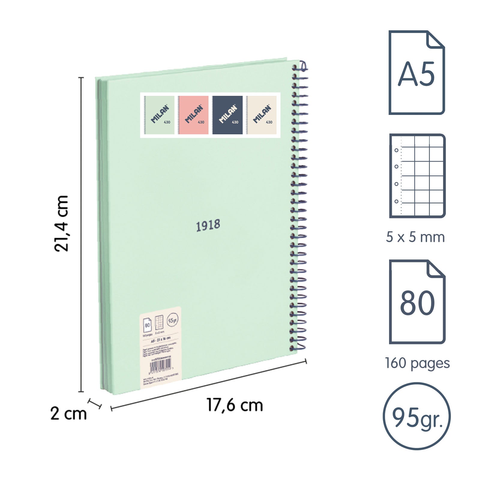 MILAN 430 - Pack 4 Cuadernos A5 Espiral y Tapa Dura. Papel Cuadriculado 80 Hojas 95gr