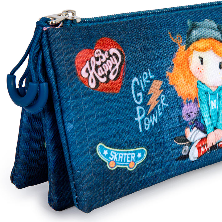 FOREVER NINETTE Skater - Estuche Escolar Triple Portatodo con 2 Cremalleras. Azul