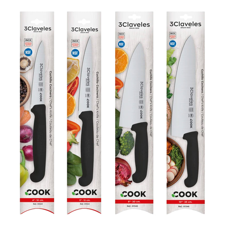 3 Claveles COOK - Juego de 4 Cuchillos Profesionales Cocinero Ergonomicos NSF. Negro