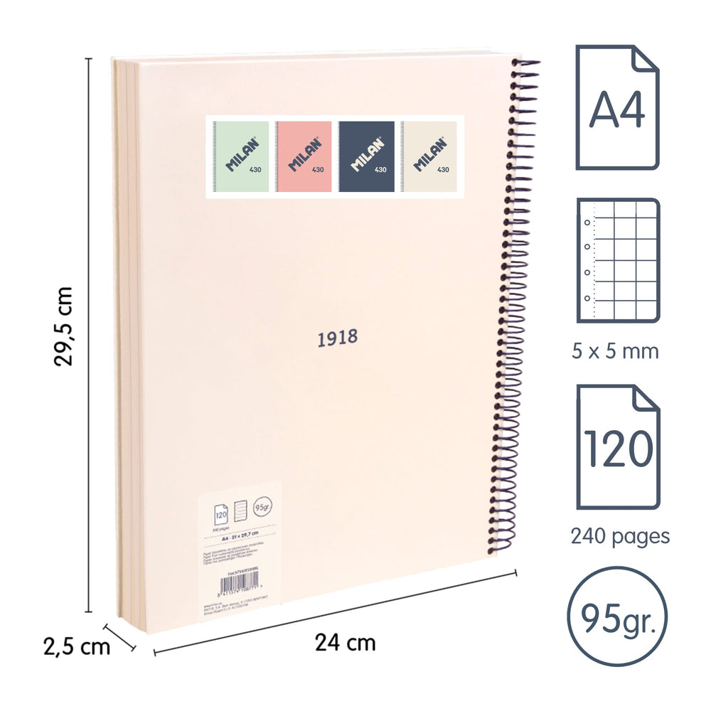 MILAN 430 - Cuaderno A4 Espiral y Tapa Dura. Papel Cuadriculado 120 Hojas 95gr Beige