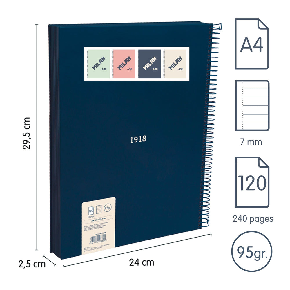 MILAN 430 - Cuaderno A4 Espiral y Tapa Dura. Papel Pautado 120 Hojas 95gr Azul