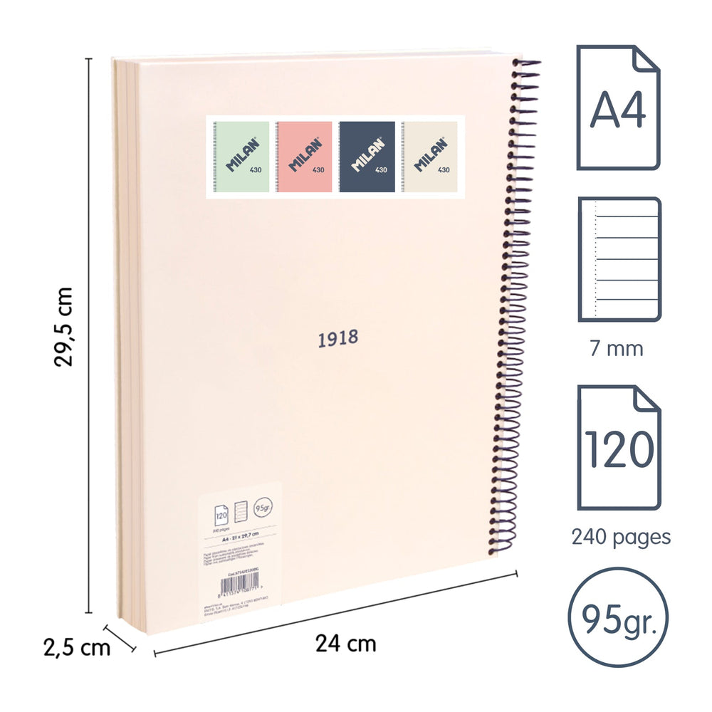 MILAN 430 - Cuaderno A4 Espiral y Tapa Dura. Papel Pautado 120 Hojas 95gr Beige