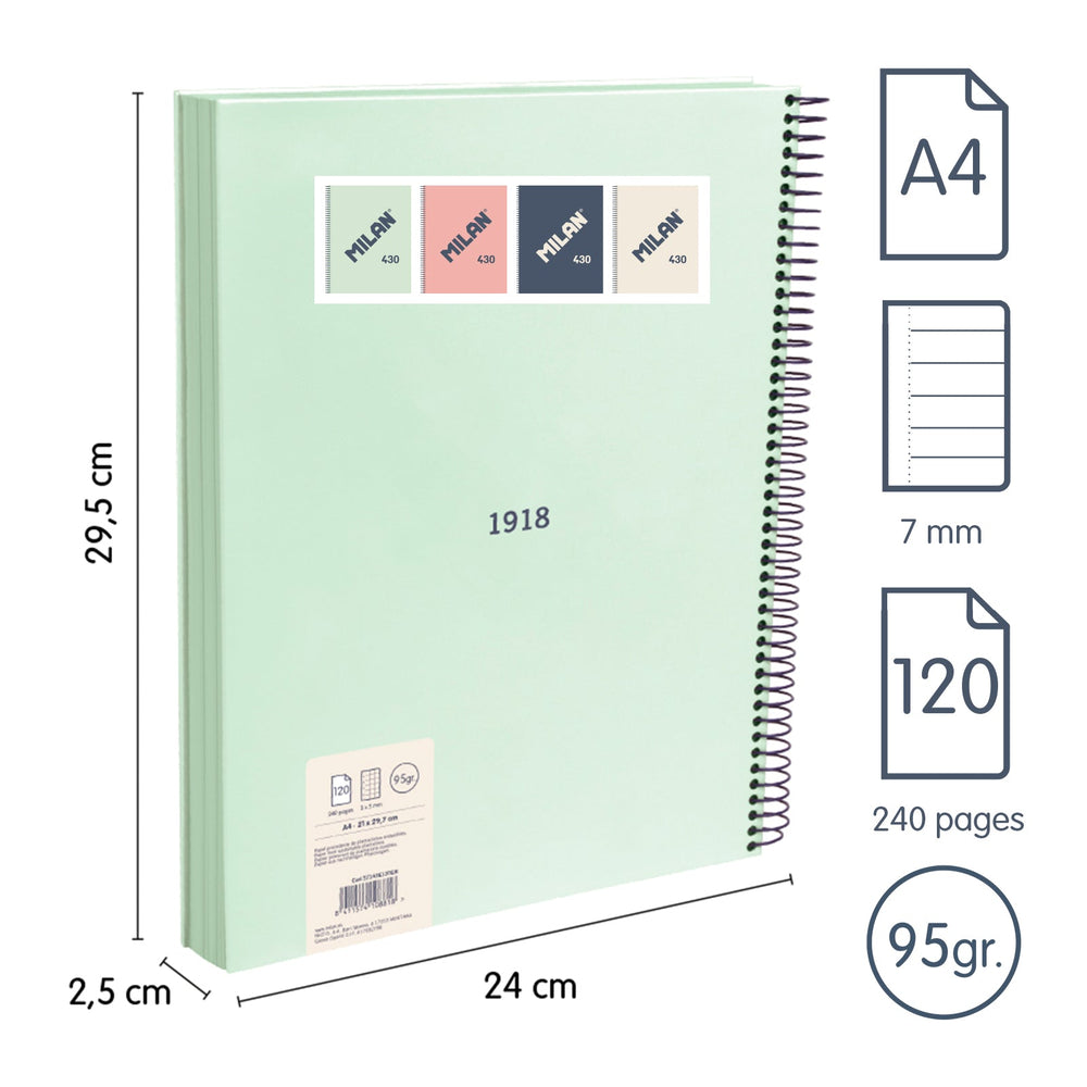 MILAN 430 - Cuaderno A4 Espiral y Tapa Dura. Papel Pautado 120 Hojas 95gr Verde