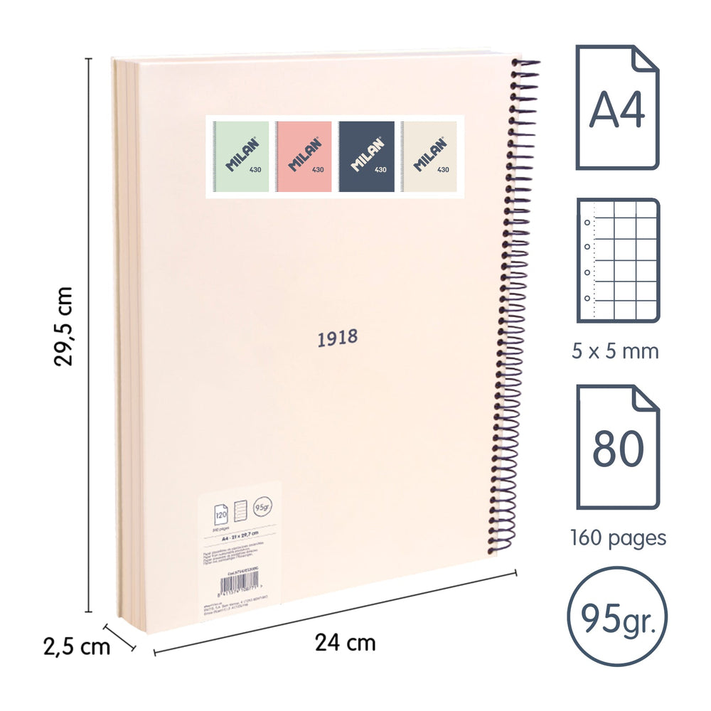 MILAN 430 - Cuaderno A4 Espiral y Tapa Dura. Papel Cuadriculado 80 Hojas 95gr Beige