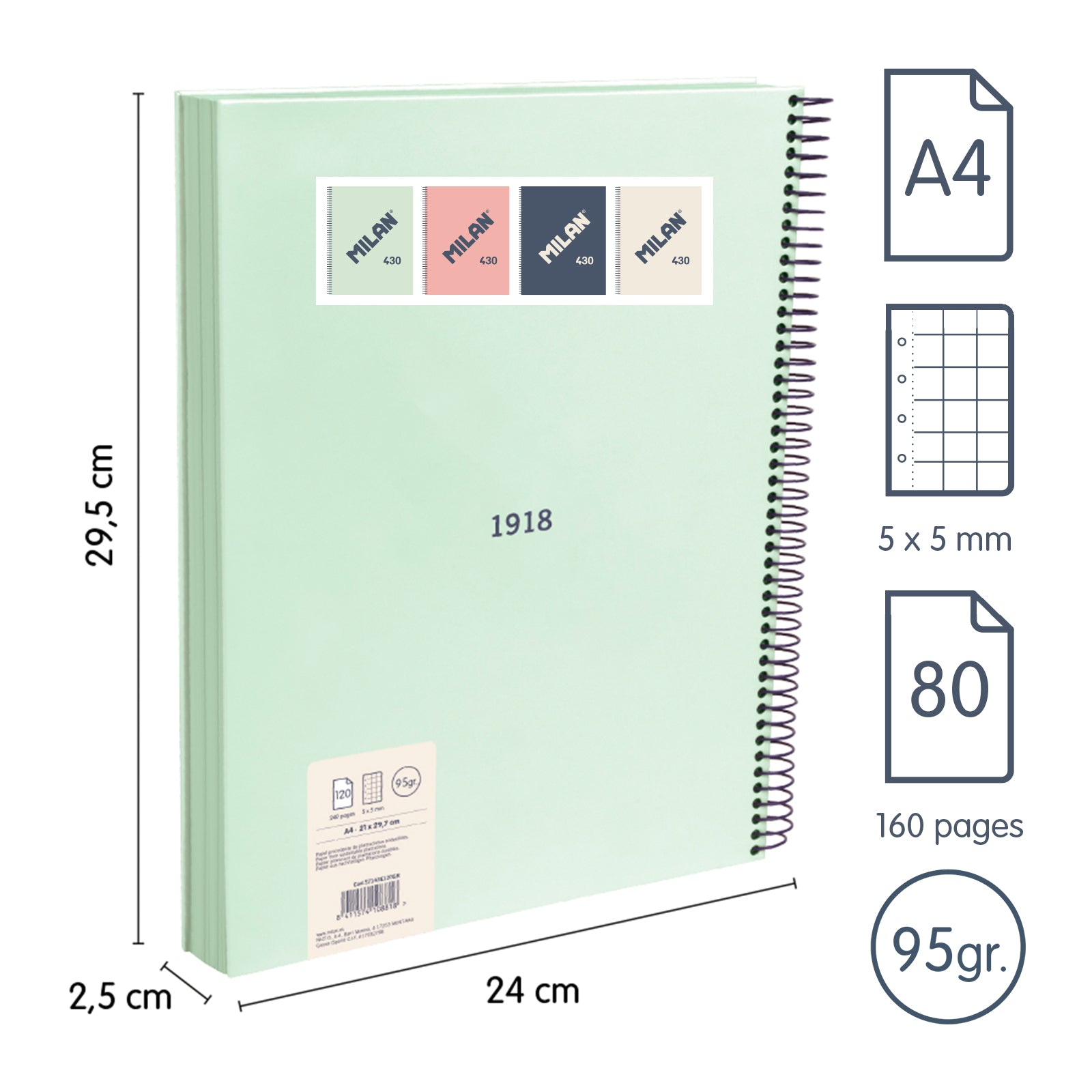 MILAN 430 - Cuaderno A4 Espiral y Tapa Dura. Papel Cuadriculado 80 Hojas 95gr Verde