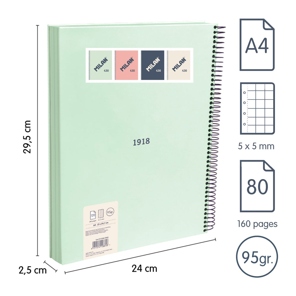 MILAN 430 - Pack 4 Cuadernos A4 Espiral y Tapa Dura. Papel Cuadriculado 80 Hojas 95gr