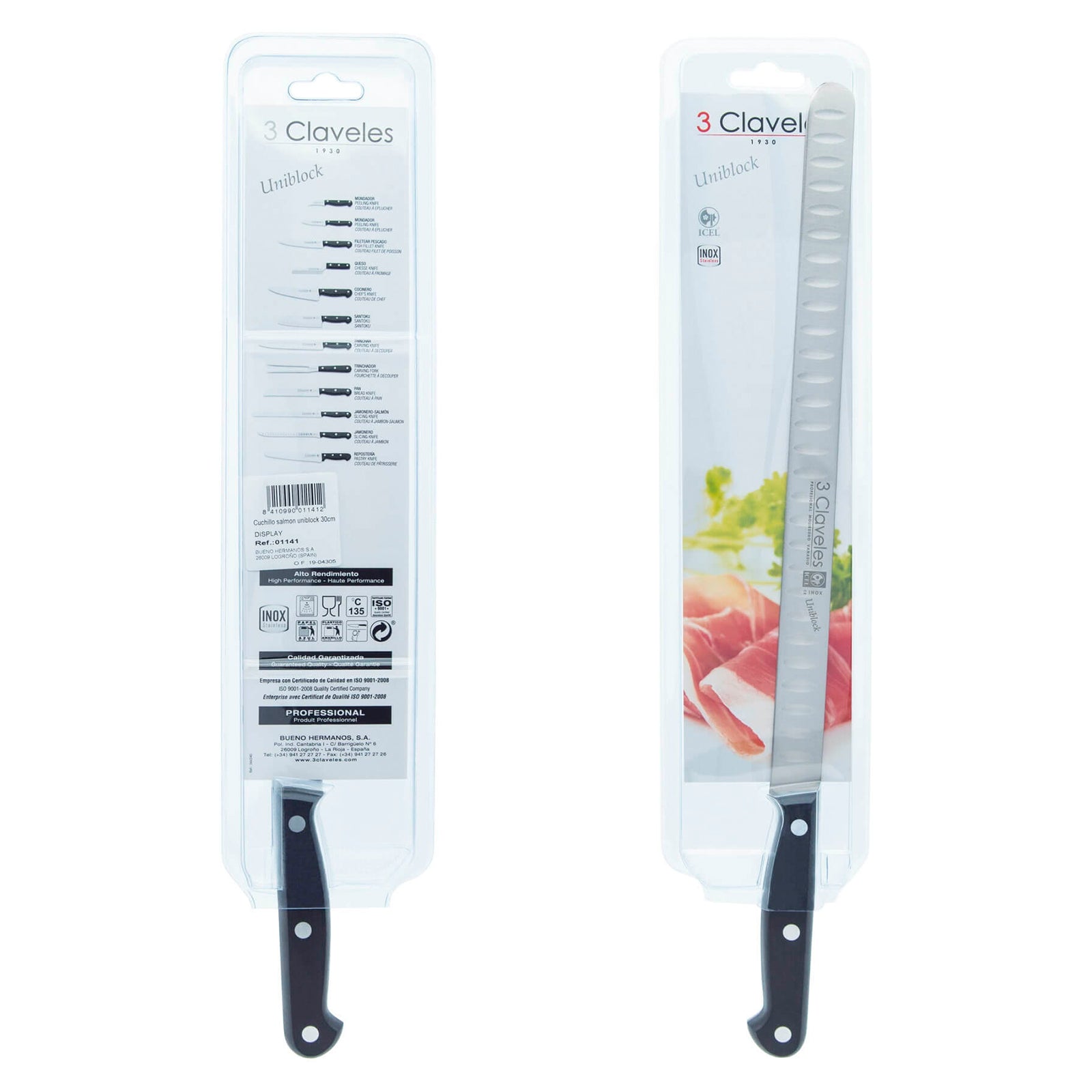 3 Claveles Uniblock - Cuchillo Profesional Jamonero Alveolado 30 cm Acero Inoxidable