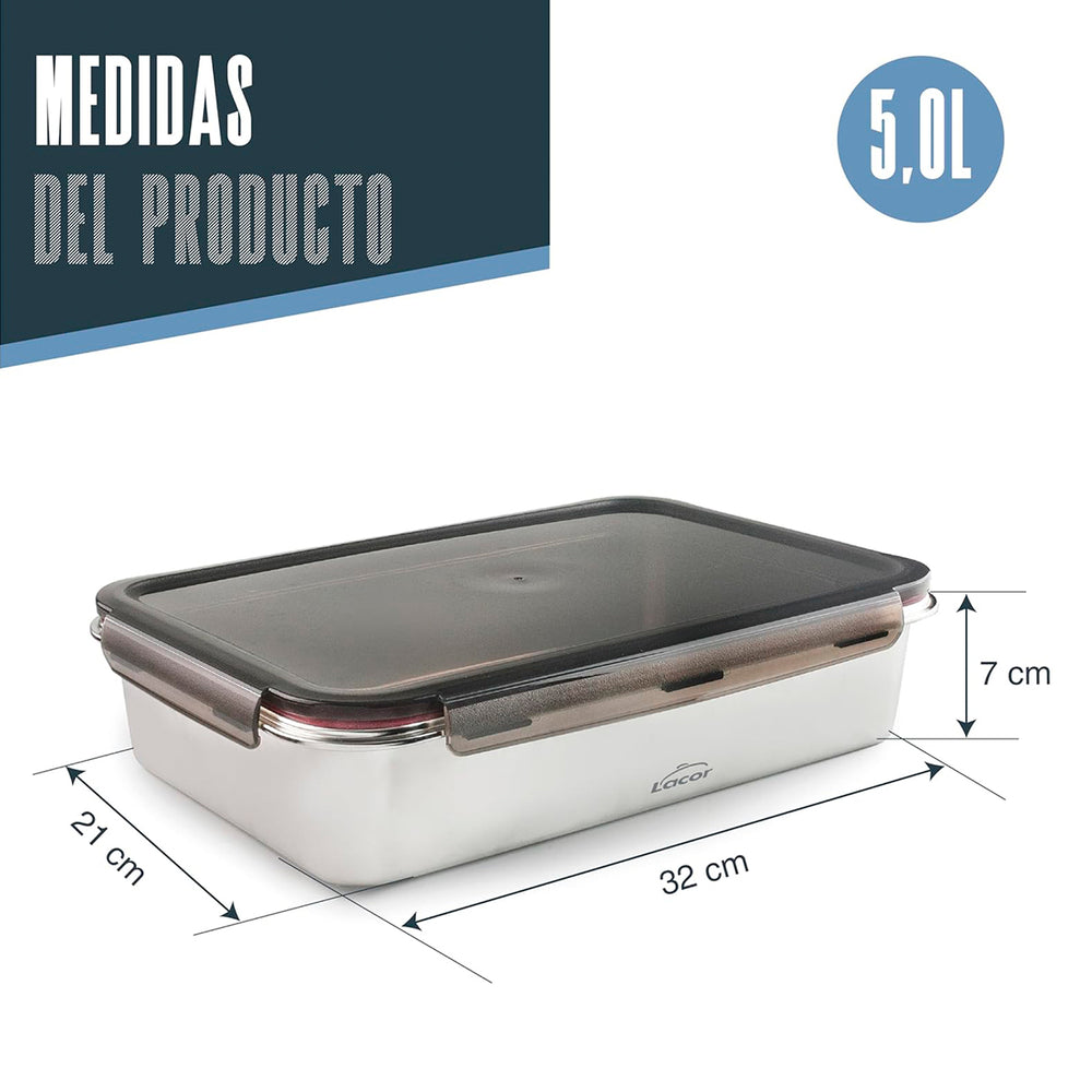 LACOR EcoInox Pro - Recipiente Rectangular de 5.0L en Acero Inoxidable. Apto Nevera y Horno