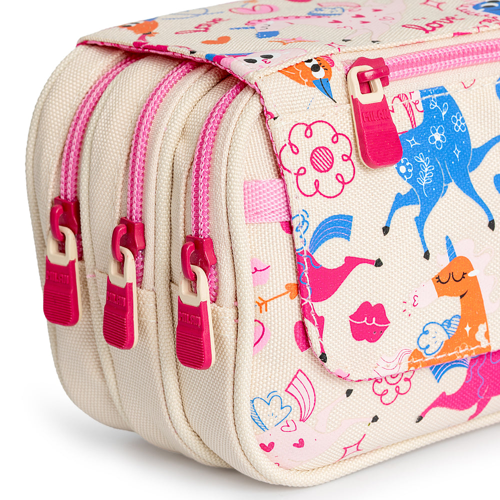 Milan Flowicorn - Estuche Portatodo Triple con Cuatro Cremalleras para Material Escolar