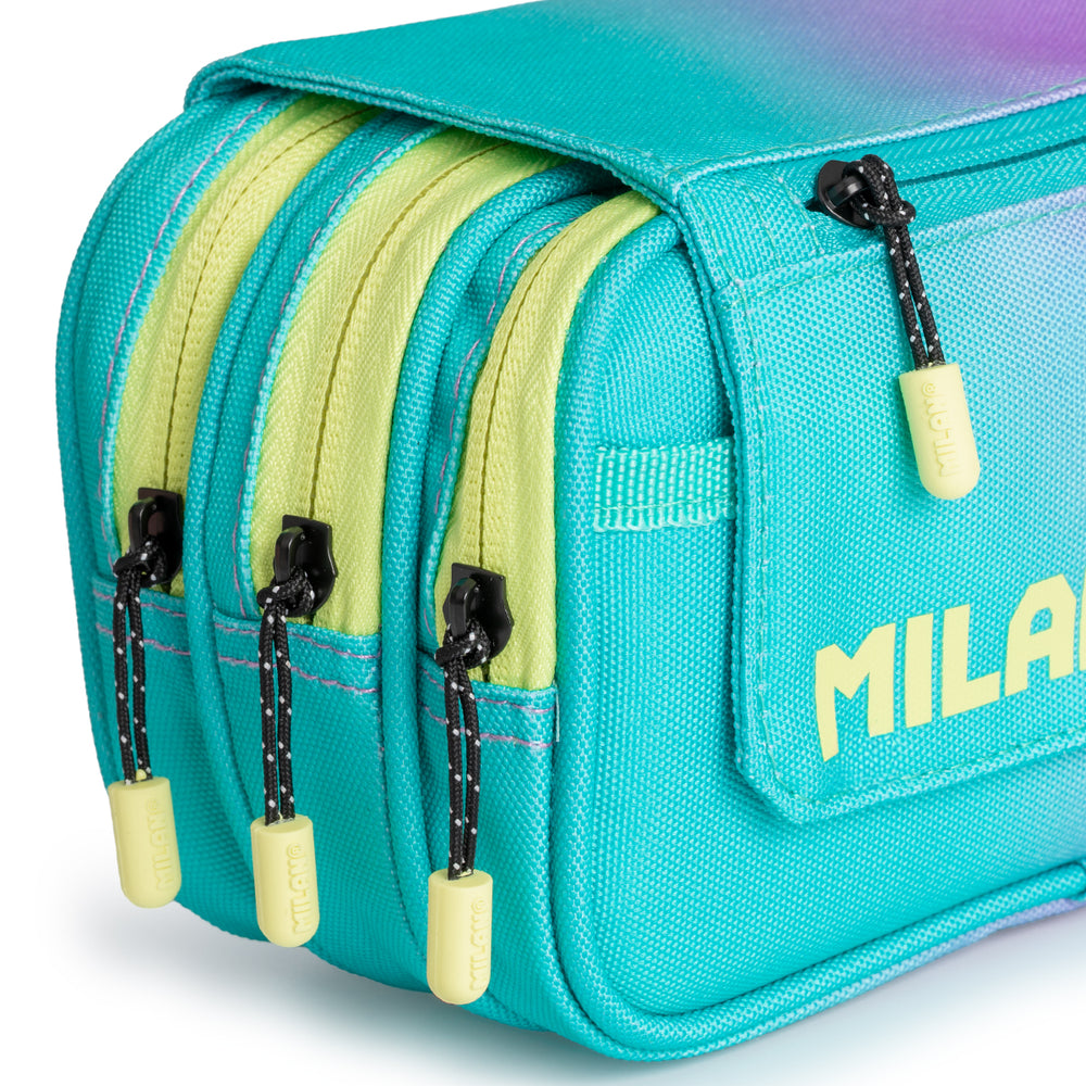 Milan Sunset Turquesa - Estuche Portatodo Triple con Cuatro Cremalleras para Material Escolar