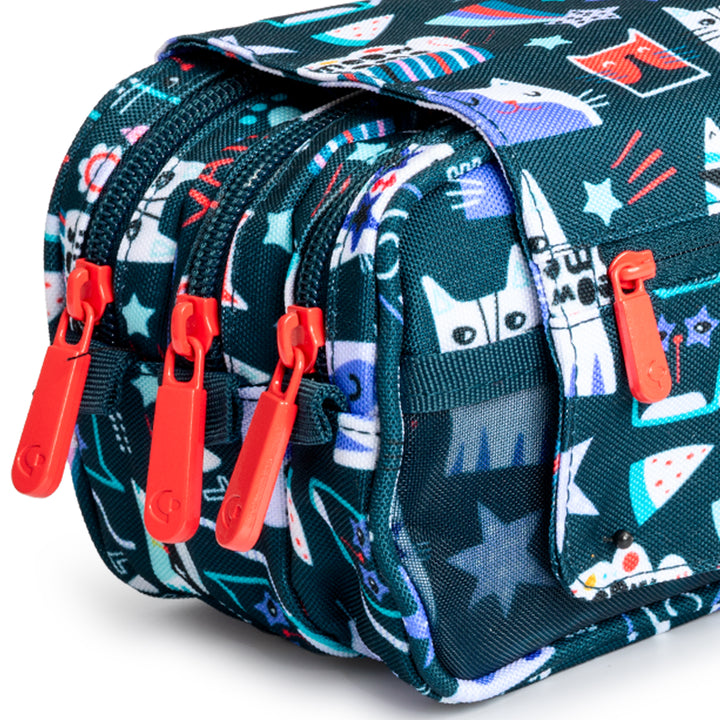 ColePack EcoDes - Estuche Triple de 3 Cremalleras con Material Escolar Incluido. Miau