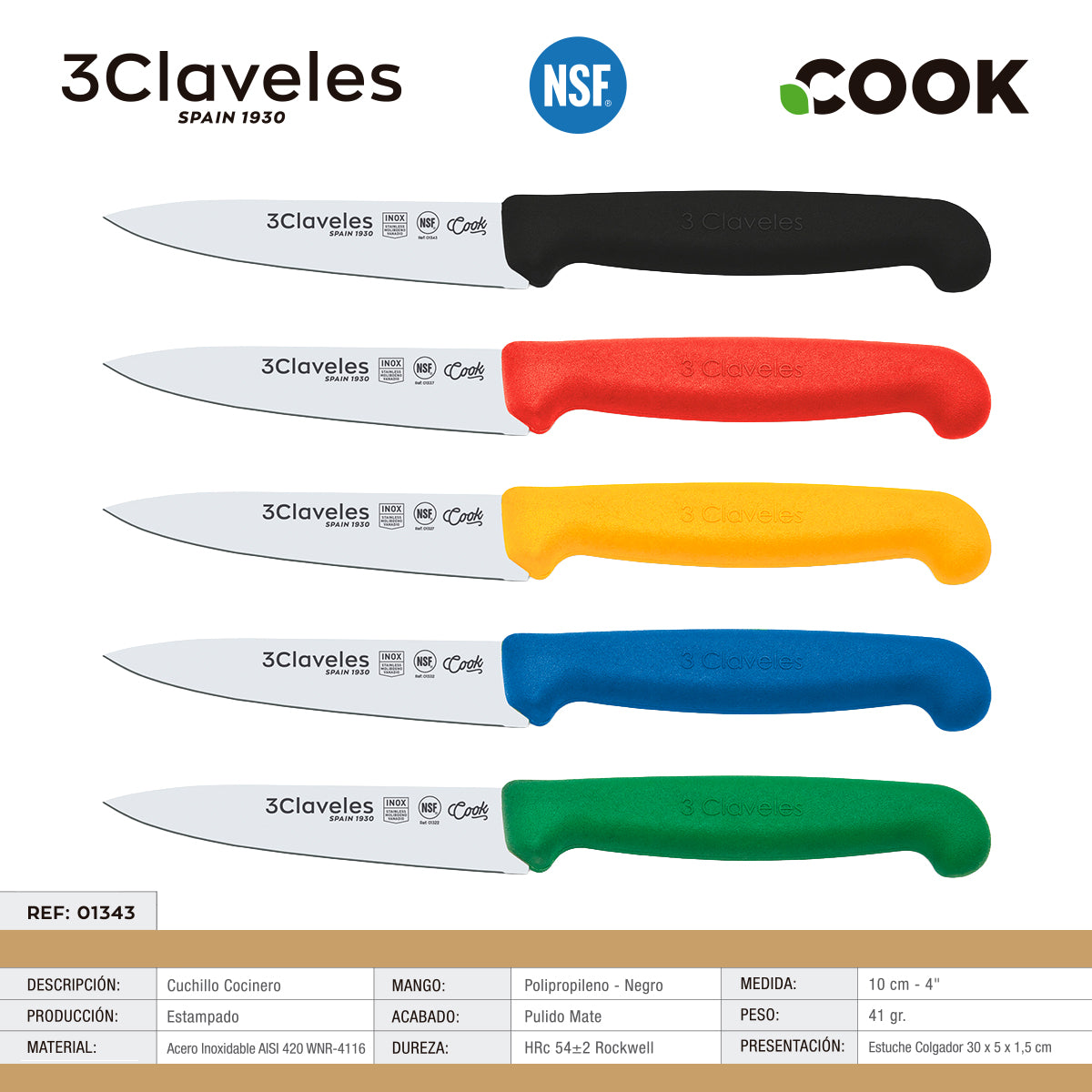 3 Claveles COOK - Cuchillo Cocinero Profesional de 10 cm. Mango Ergonómico NSF