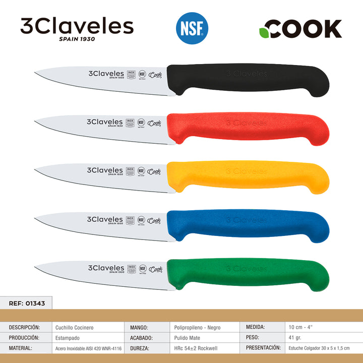 3 Claveles COOK - Cuchillo Cocinero Profesional de 10 cm. Mango Ergonómico NSF