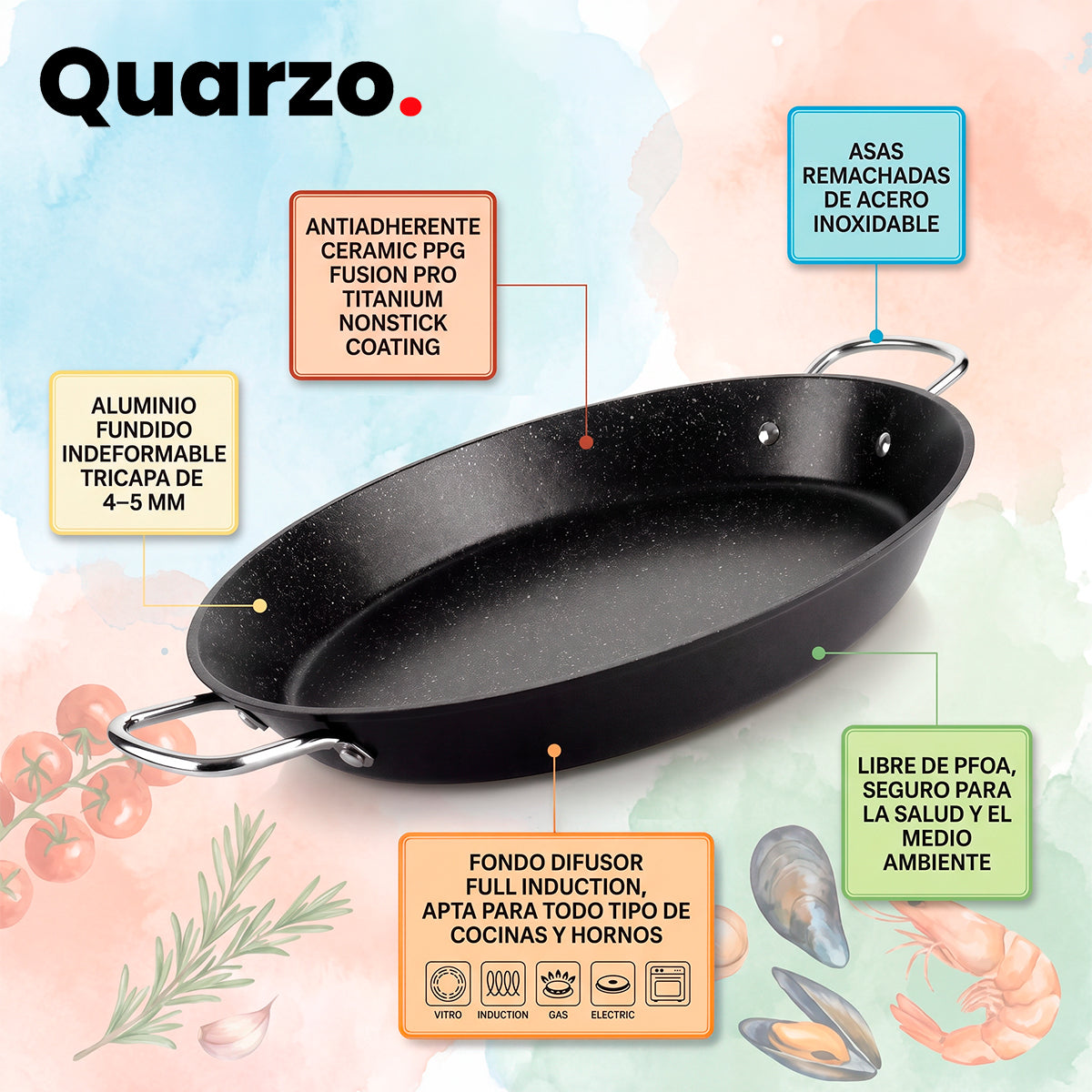 IBILI Quarzo - Paellera Antiadherente Ceramic PPG Fusion Pro Titanium Apta Inducción