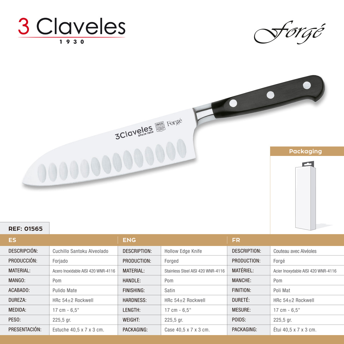 3 Claveles Forgé - Juego de 3 Cuchillos Profesionales Santoku Acero Inoxidable Forjado