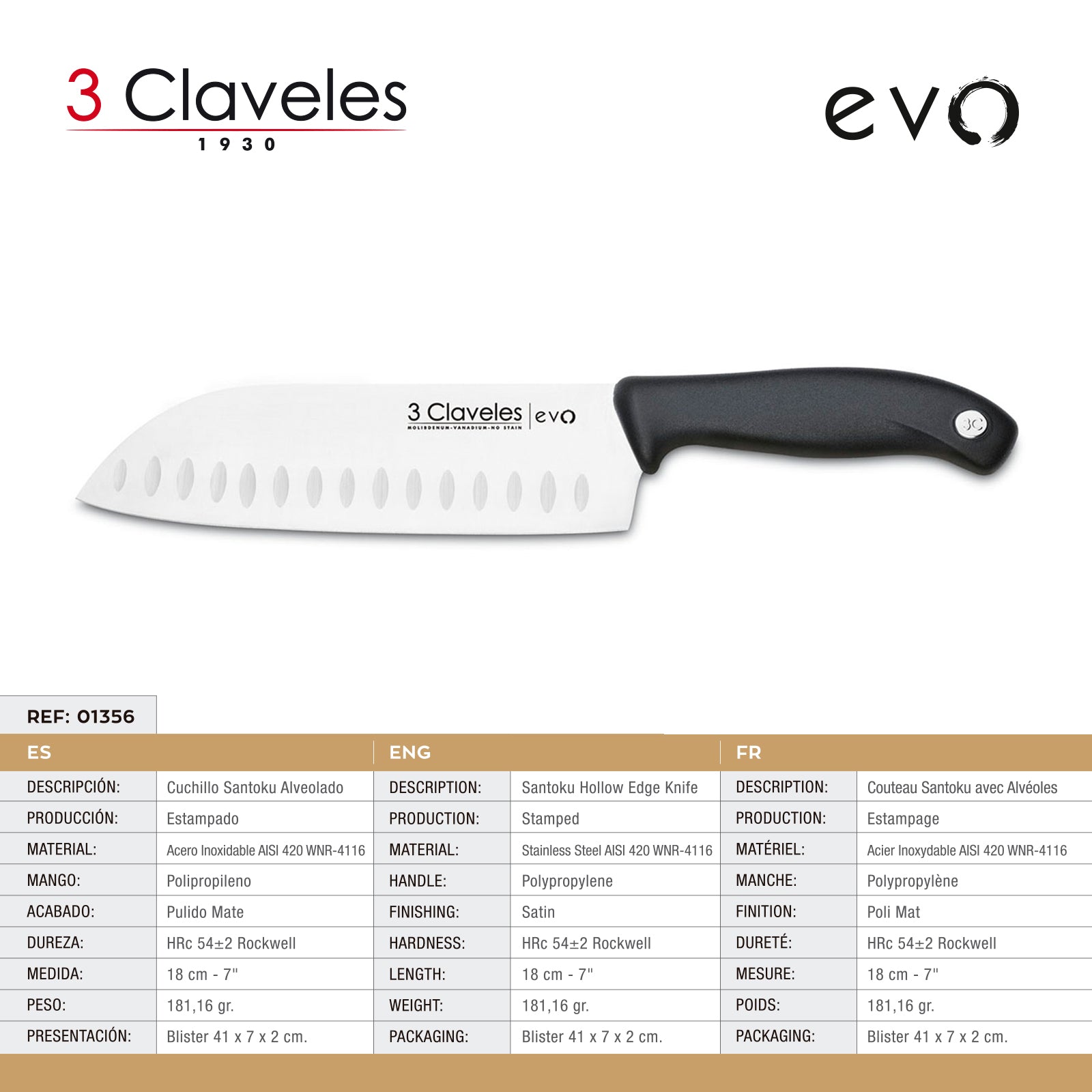 3 Claveles EVO - Set de 5 Cuchillos de Alto Rendimiento EVO Premium en Acero Inoxidable