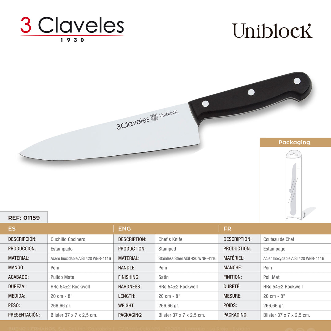 3 Claveles Uniblock - Juego de 5 Cuchillos Profesionales Mango POM y Soporte Pared Bambú