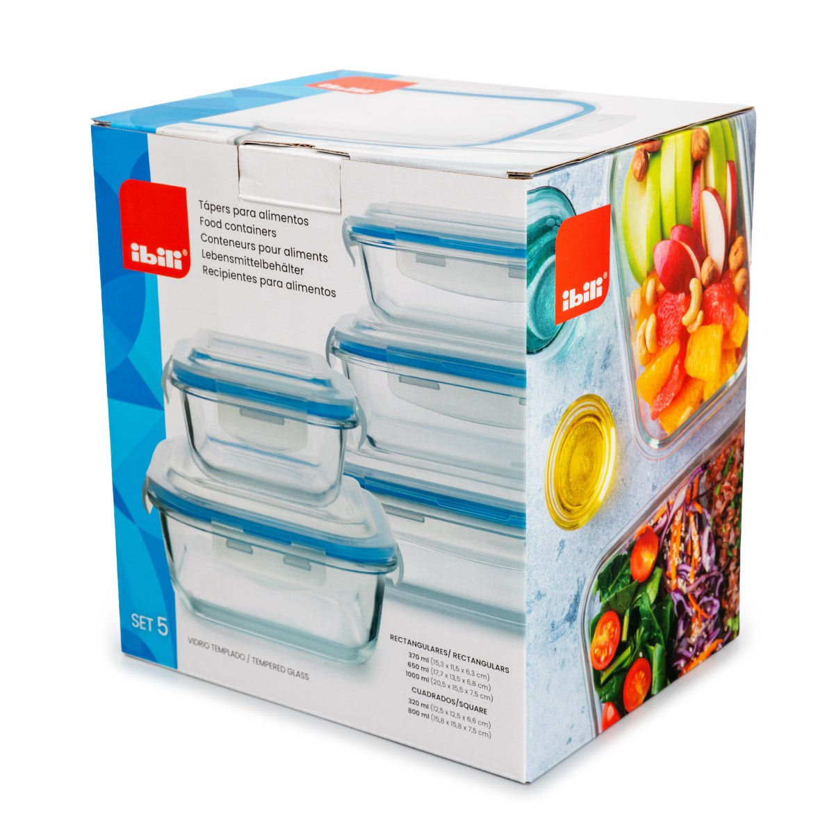 IBILI Eco - Set de 5 Recipientes Multiformato en Vidrio Templado. Aptos Microondas