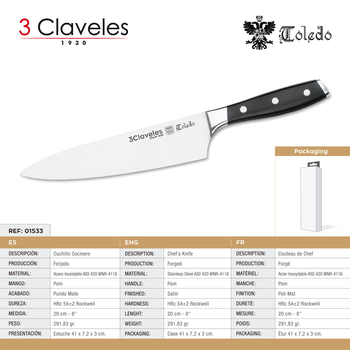 3 Claveles Toledo - Juego de 5 Cuchillos Profesionales Forjados y Soporte Pared Bambú