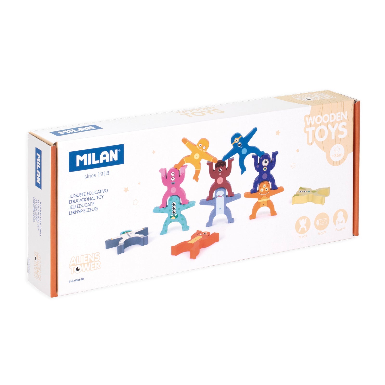 MILAN Aliens Tower - Juguete Educativo de Madera Torre de Figuras. Edad 36 Meses