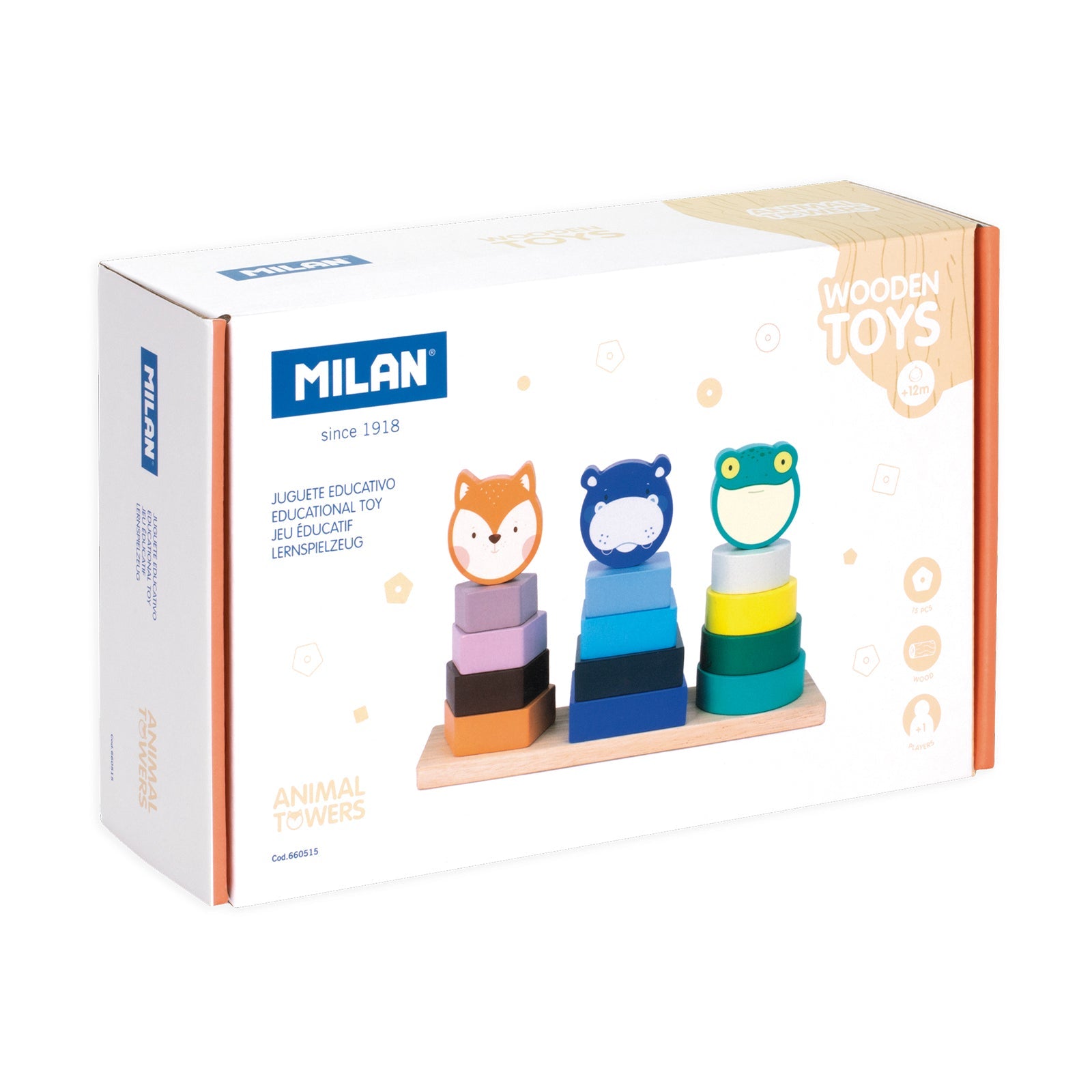 MILAN Animal Towers - Juguete Educativo de Madera Torres Apilables. Edad 12 Meses