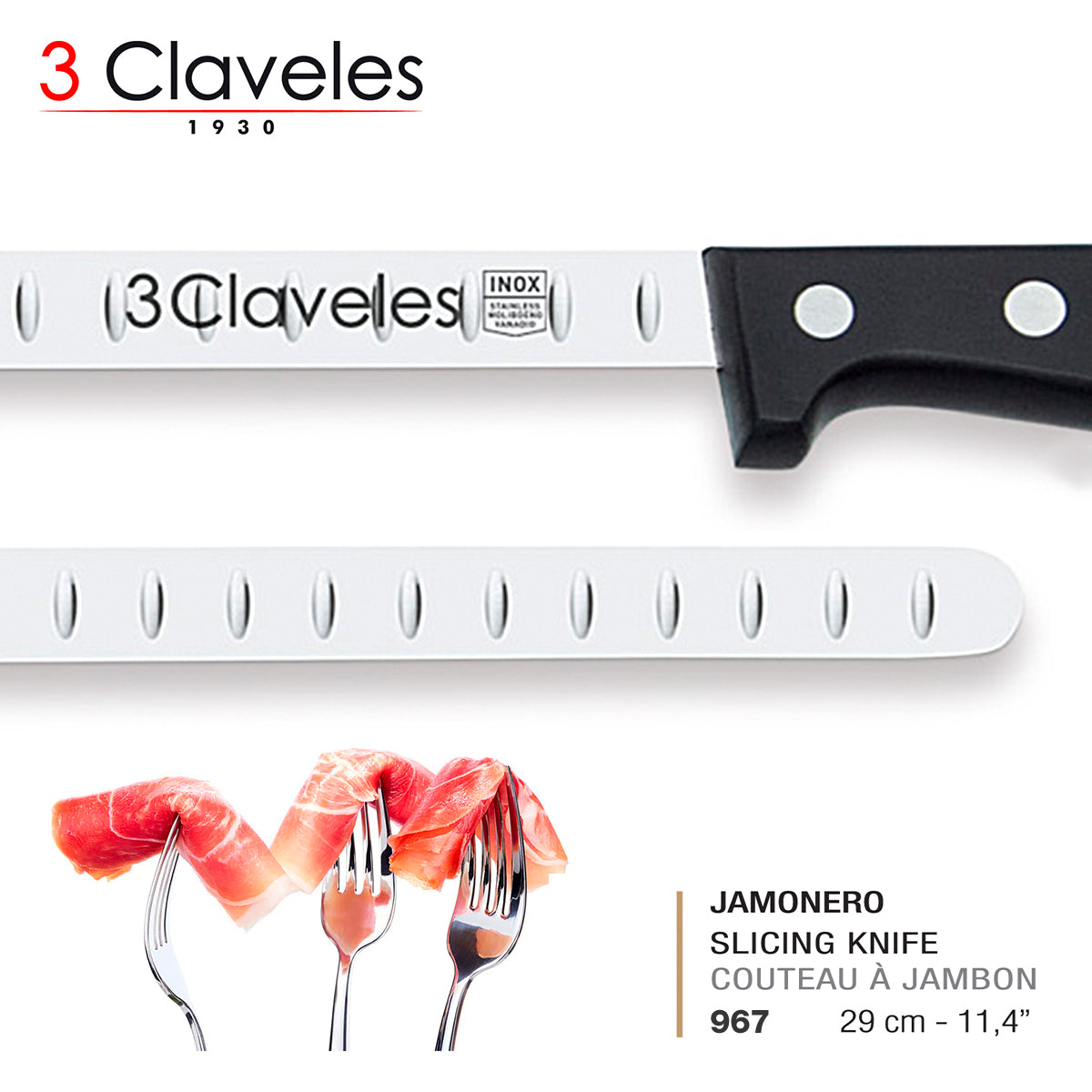 3 Claveles POM - Kit Profesional de Cuchillo Jamonero Deshuesador Chaira y Pinzas