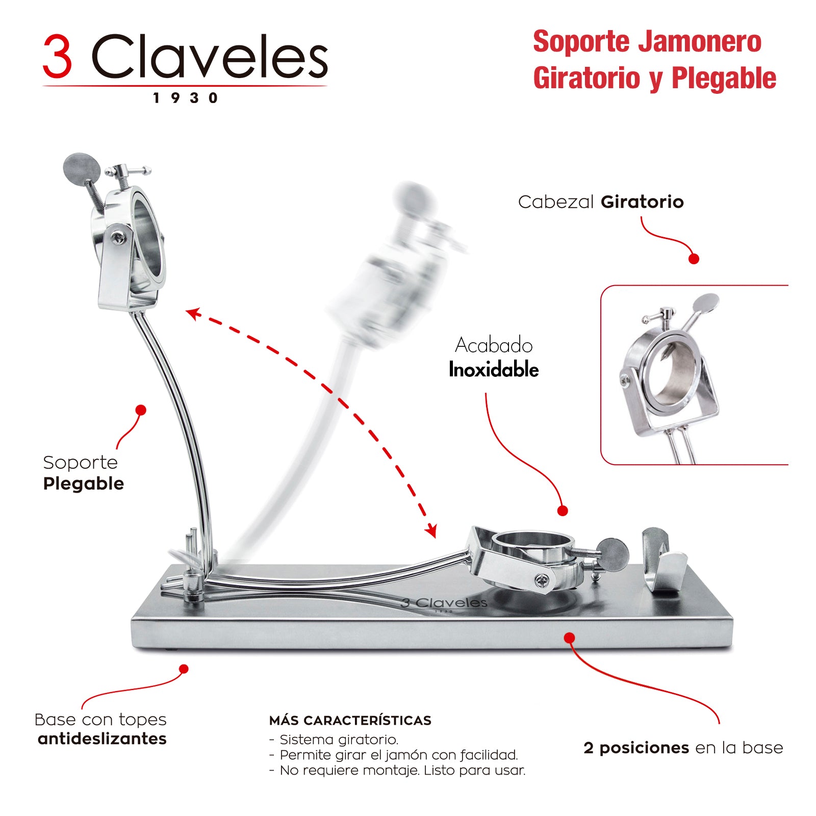3 Claveles - Kit Soporte Jamonero Plegable en Acero Inoxidable con Cuchillos y Chaira