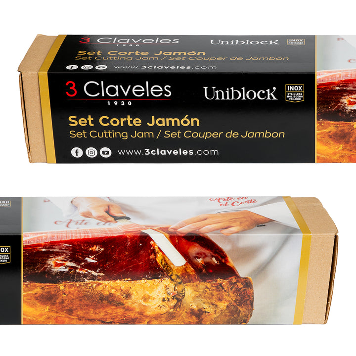 3 Claveles Uniblock - Kit Profesional de Cuchillo Jamonero Deshuesadores Chaira y Pinzas