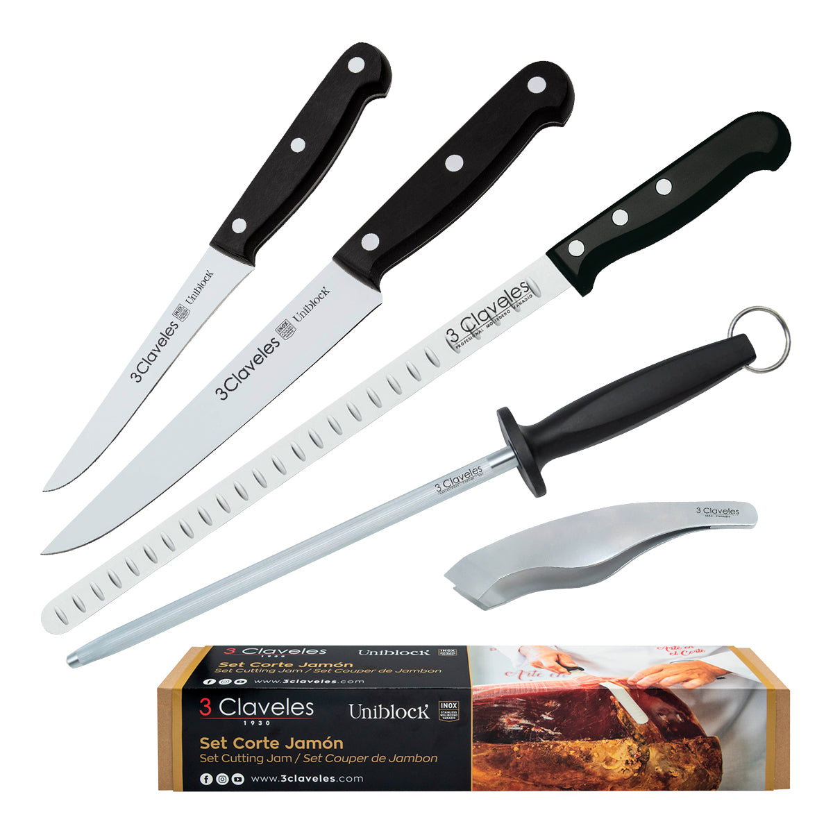 3 Claveles 01748 - Soporte Jamonero Basculante Madera y Kit de Corte Profesional Uniblock