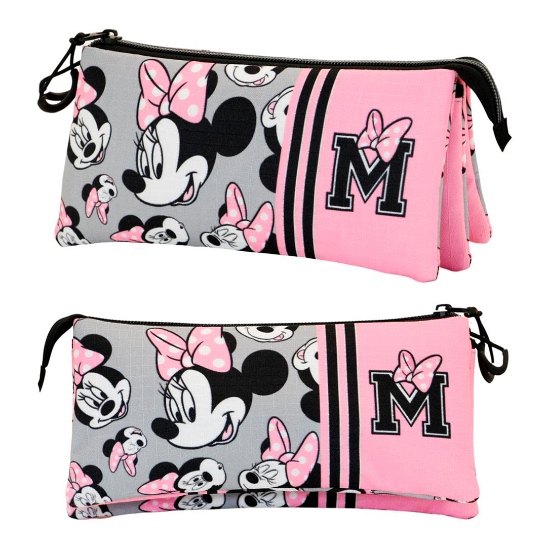 DISNEY Minnie Mouse Ribbons - Estuche Escolar Triple Portatodo con 2 Cremalleras. Gris