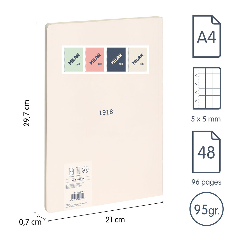 MILAN 430 - Libreta A4 Encolada. Papel Cuadriculado 48 Hojas 95gr Rosa