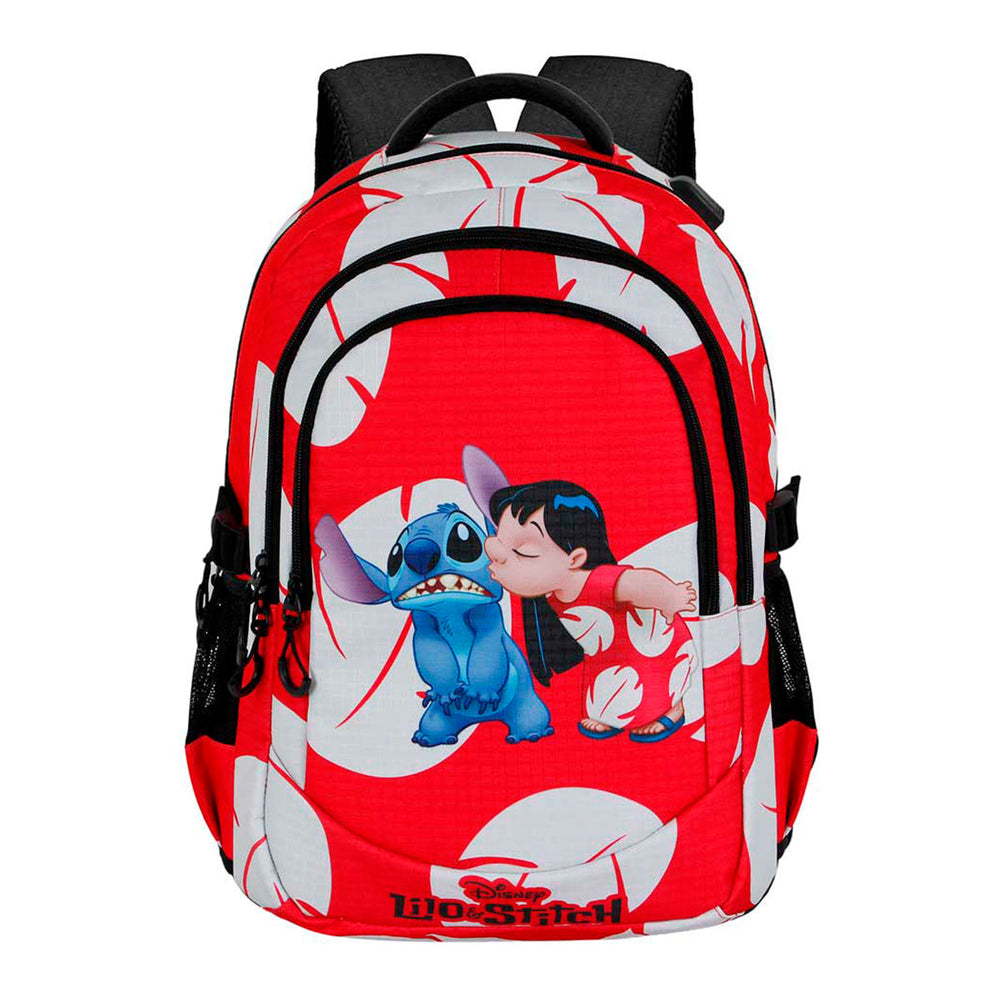 DISNEY Lilo y Stitch Kiss - Mochila Escolar Impermeable Running Plus para Portatil y USB. Rojo