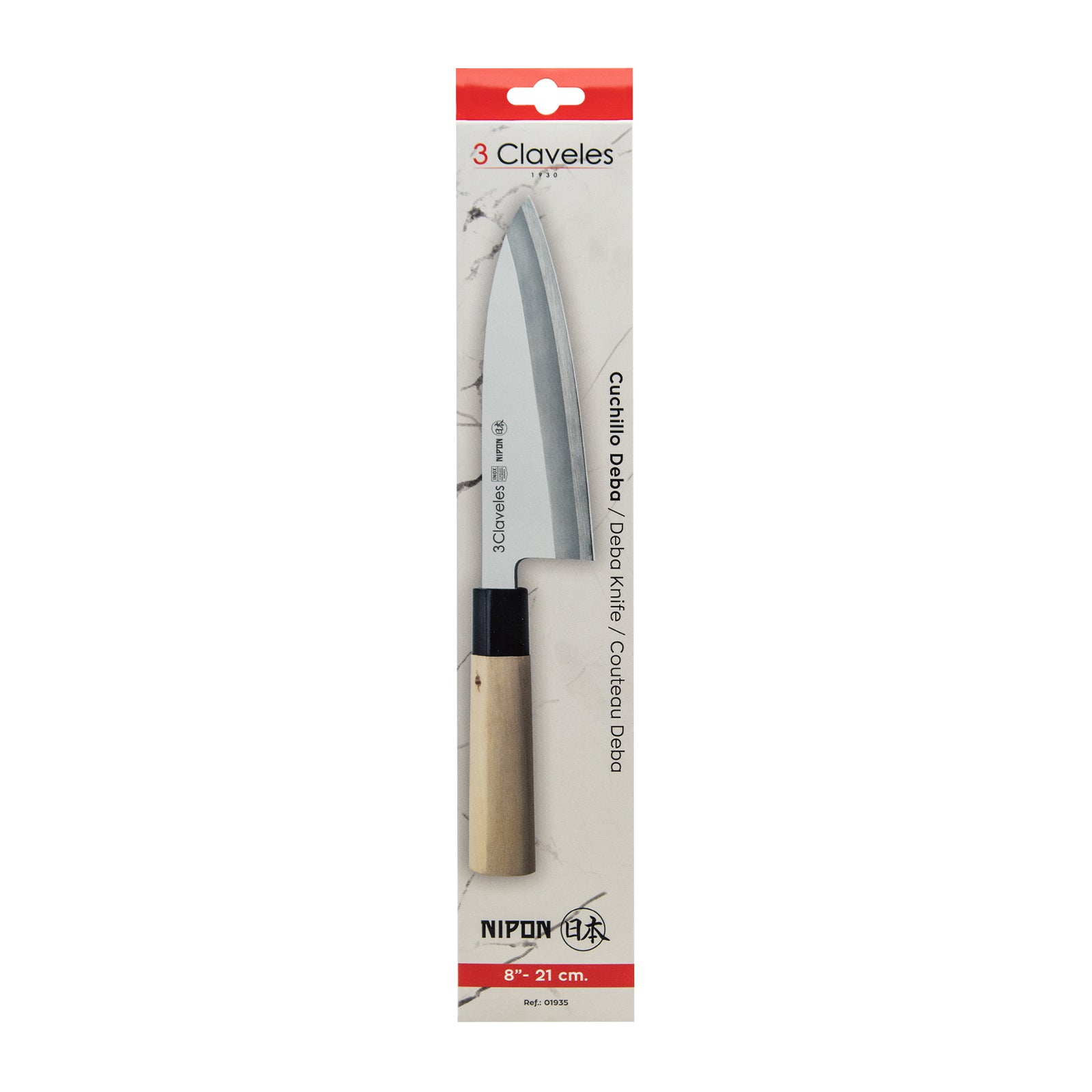 3 Claveles NIPON - Cuchillo Japones Deba 21 cm Acero Inoxidable y Mango Madera de Arce