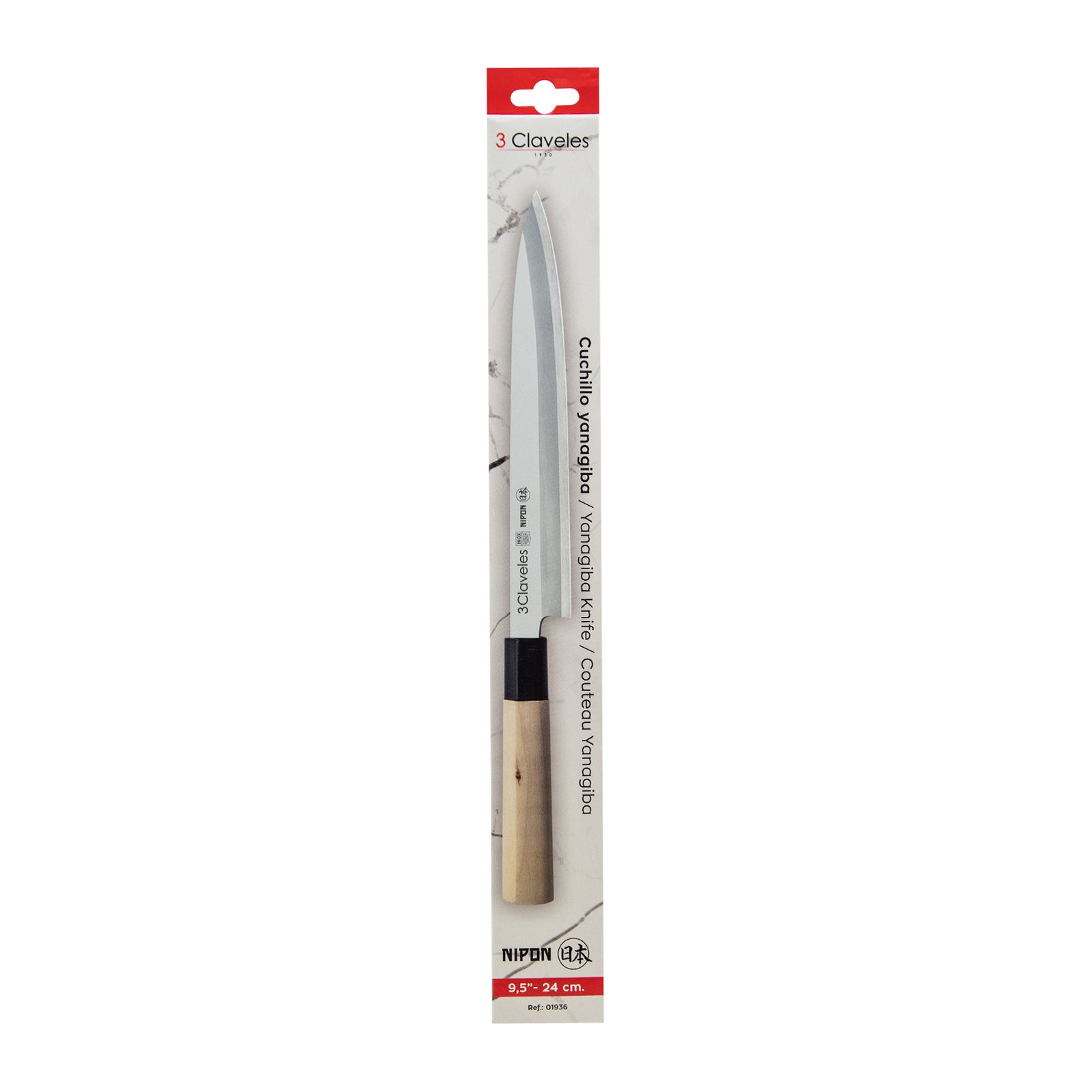 3 Claveles NIPON - Cuchillo Japones Yanagiba 24 cm Acero Inoxidable y Mango Madera de Arce
