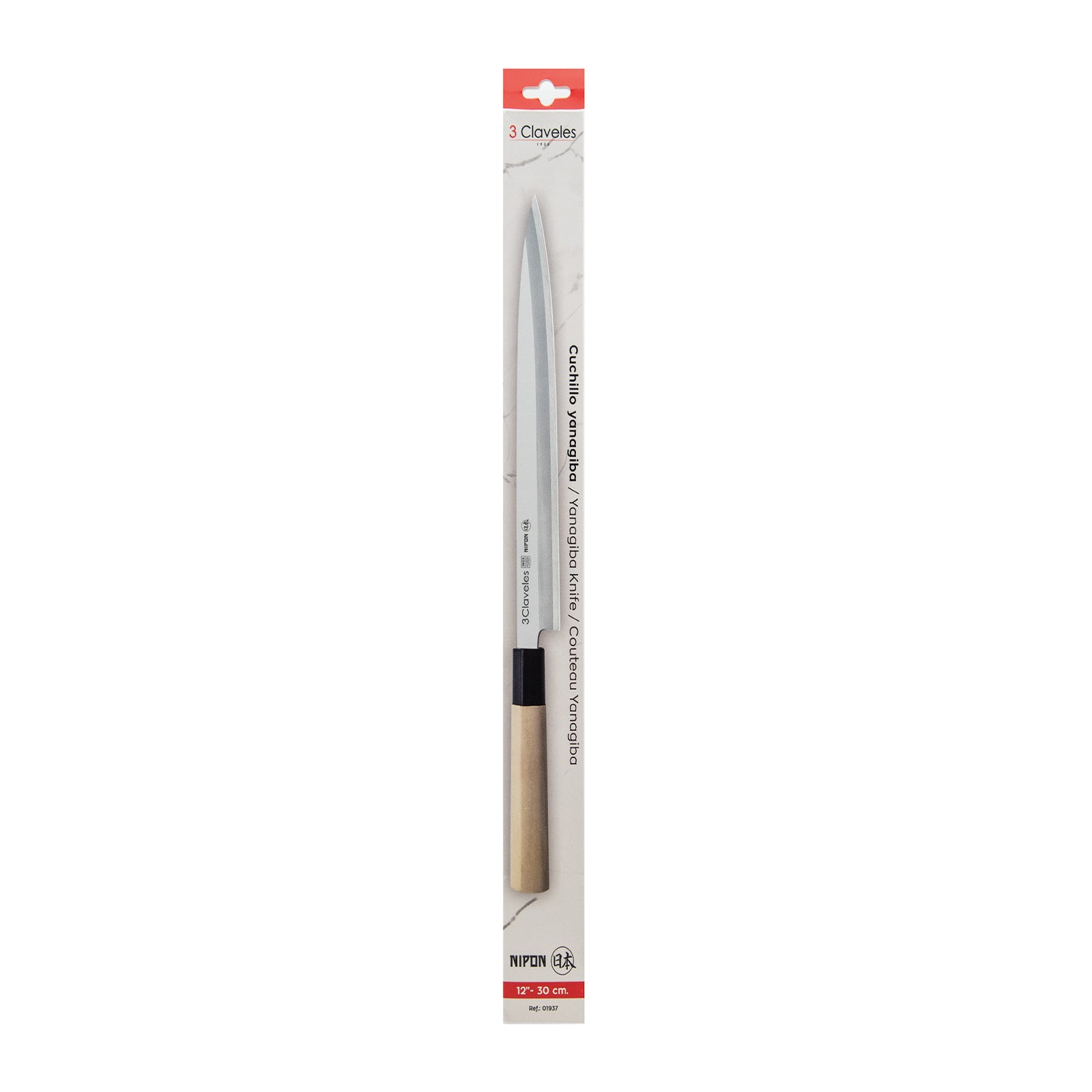 3 Claveles NIPON - Cuchillo Japones Yanagiba 30 cm Acero Inoxidable y Mango Madera de Arce