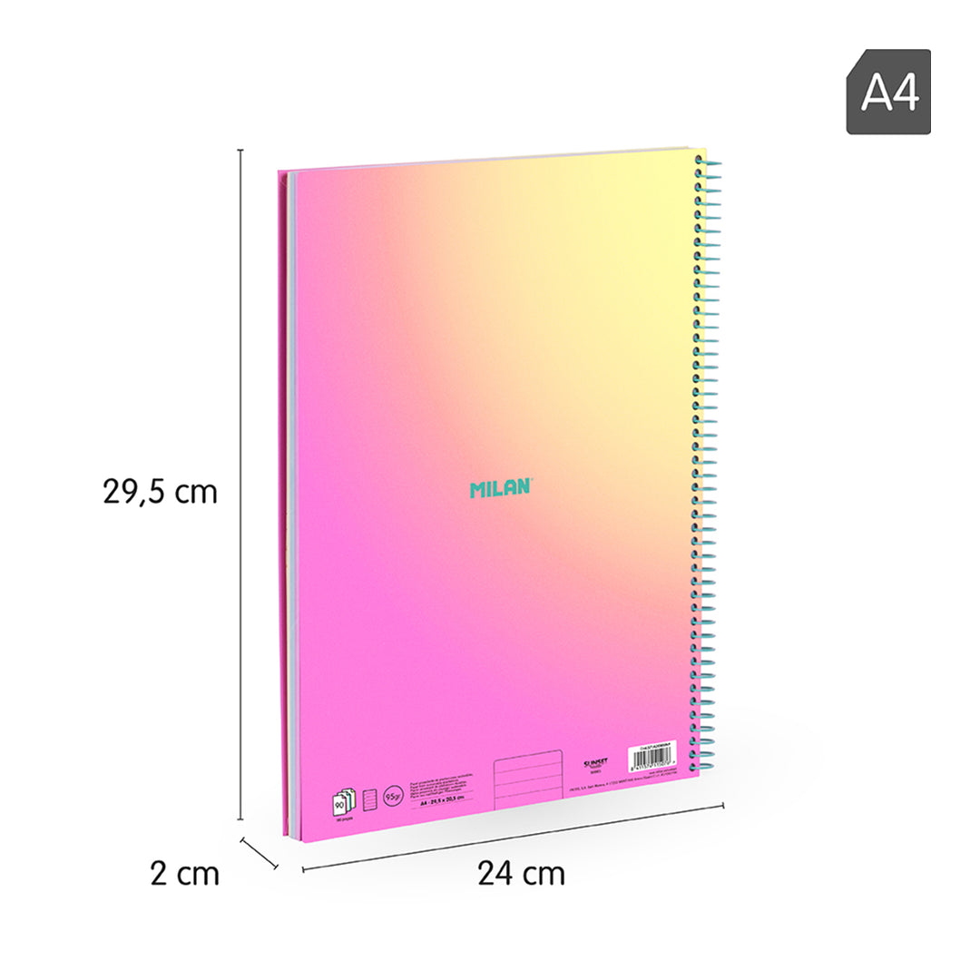 MILAN Sunset - Pack 3 Cuadernos A4 Espiral y Tapa Dura. Papel Pautado 90 Hojas 95gr Rosa