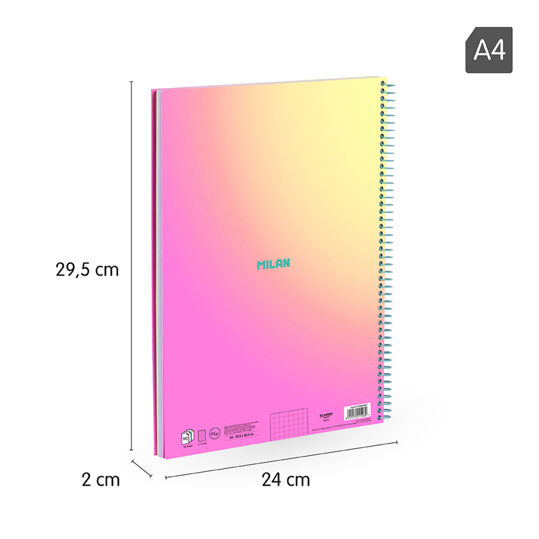 MILAN Sunset - Pack 3 Cuadernos A4 Espiral y Tapa Dura. Papel Cuadriculado 90 Hojas 95gr Rosa