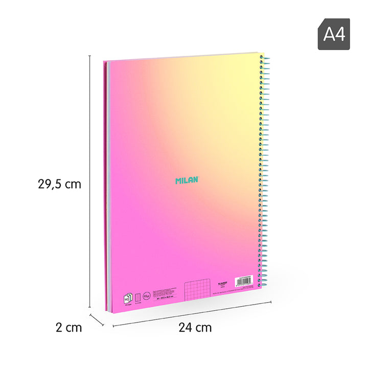 MILAN Sunset - Pack 3 Cuadernos A4 Espiral y Tapa Dura. Papel Cuadriculado 90 Hojas 95gr Rosa