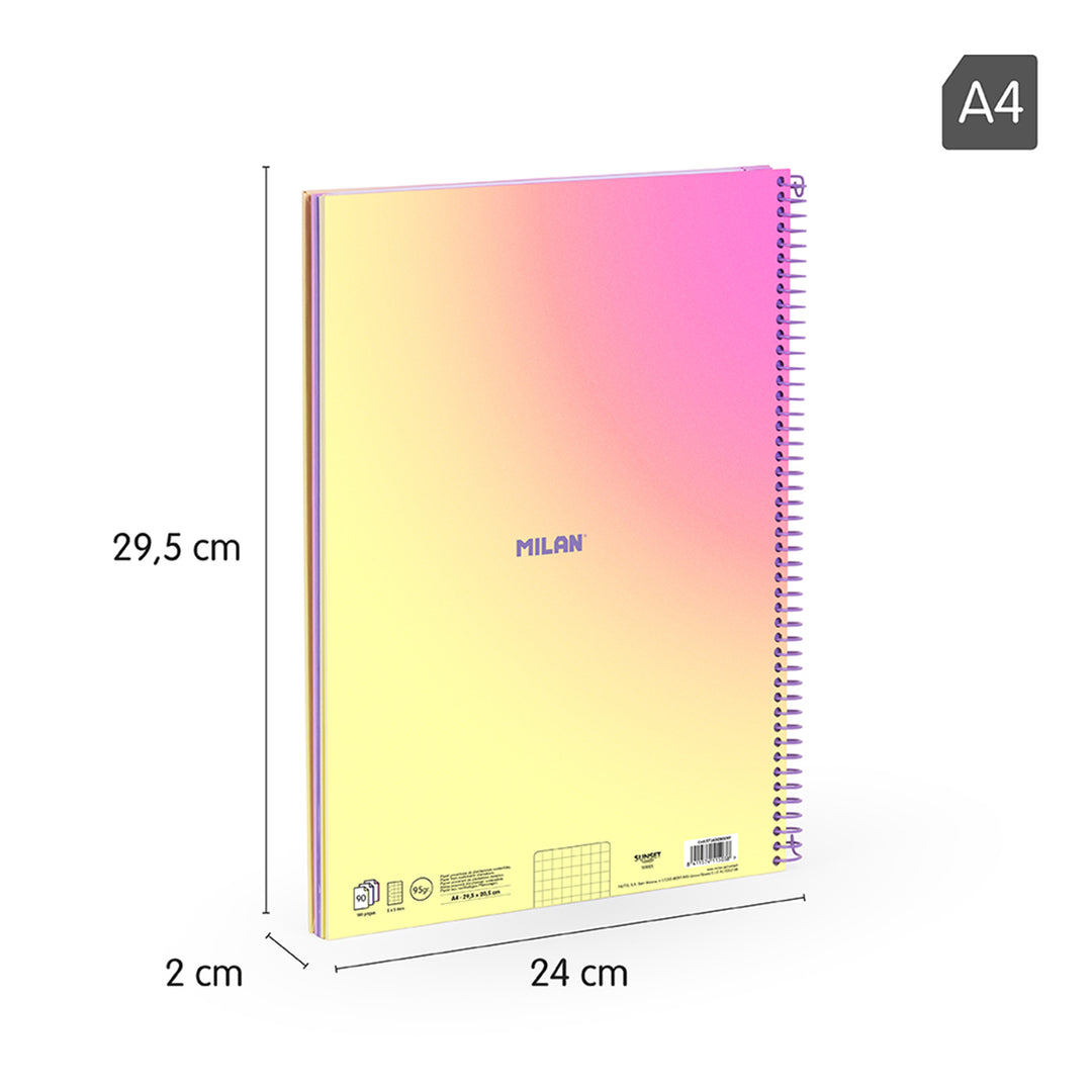 MILAN Sunset - Pack 3 Cuadernos A4 Espiral y Tapa Dura. Papel Cuadriculado 90 Hojas 95gr Amarillo