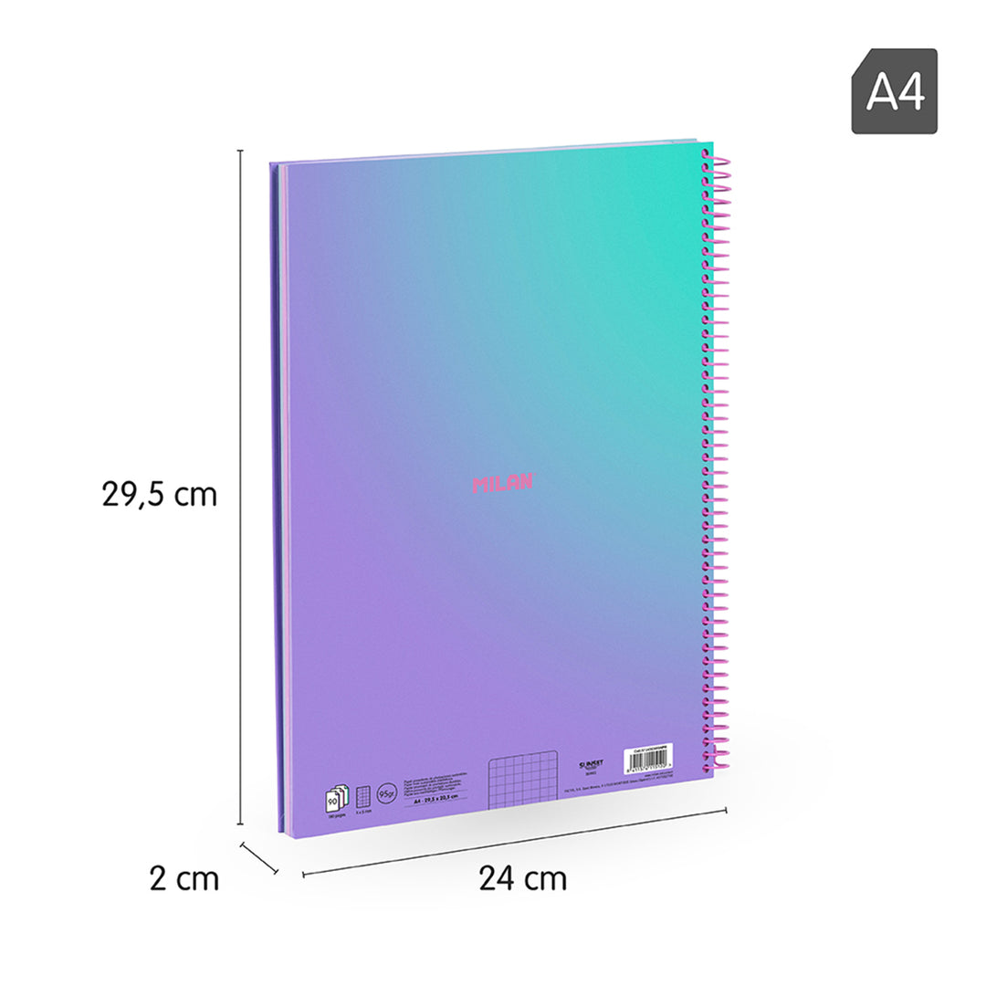 MILAN Sunset - Pack 3 Cuadernos A4 Espiral y Tapa Dura. Papel Cuadriculado 90 Hojas 95gr Lila