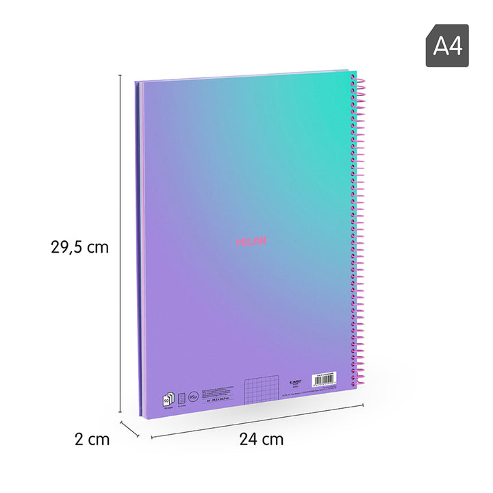 MILAN Sunset - Pack 3 Cuadernos A4 Espiral y Tapa Dura. Papel Cuadriculado 90 Hojas 95gr Lila
