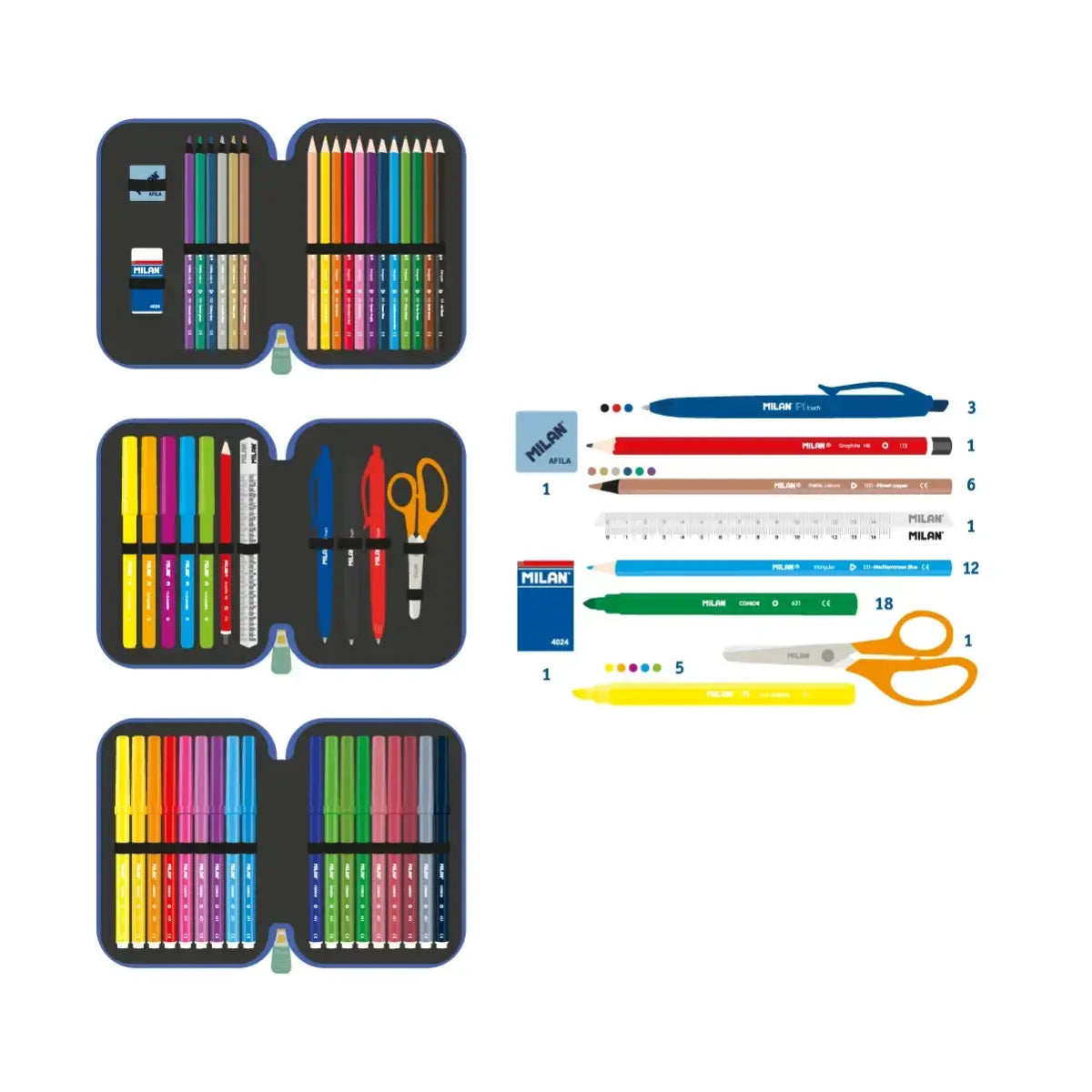 MILAN - Plumier de 3 Pisos con Contenido de 49 Piezas de Material Escolar. Blue Odyssey