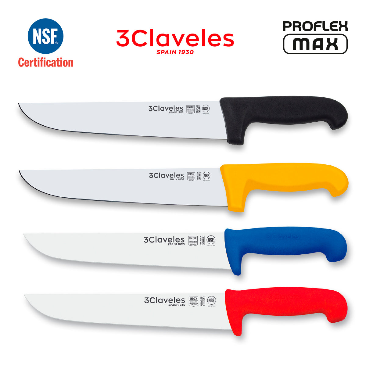 3 Claveles Proflex Max - Cuchillo Profesional Carnicero 24 cm Ergonomico NSF. Negro