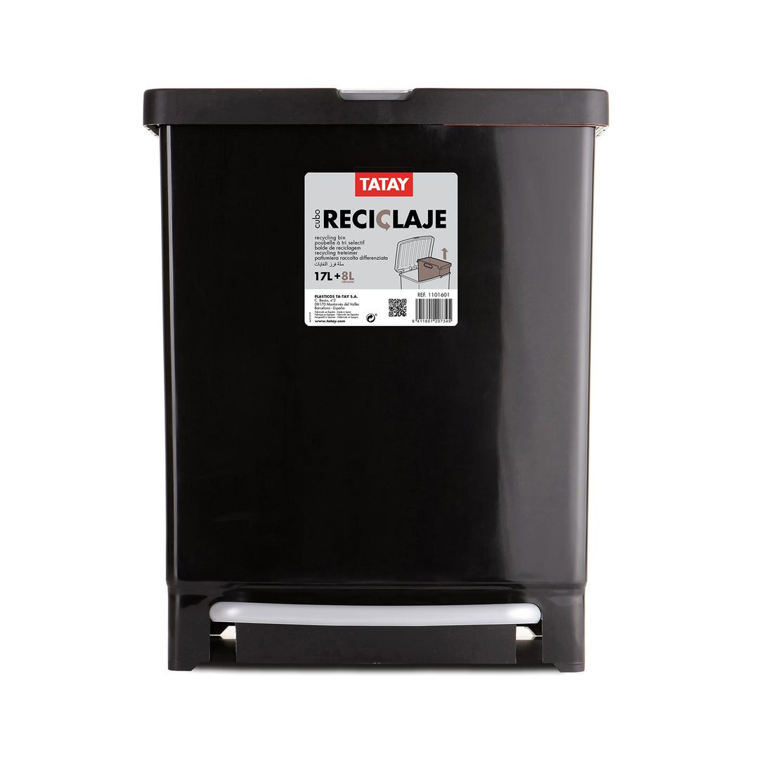TATAY - Cubo de Basura 25L con 2 compartimentos de 17+8L de Reciclaje con Pedal. Negro