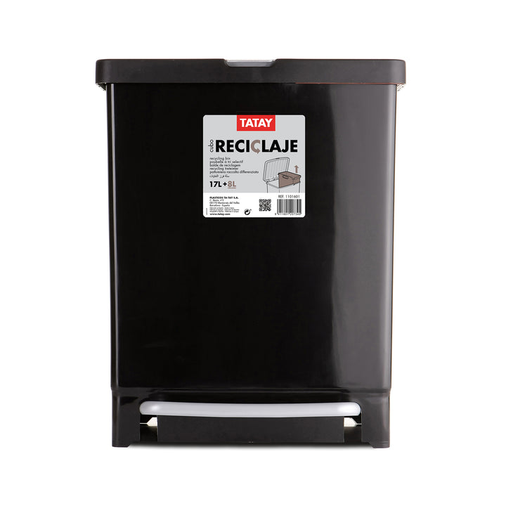 TATAY - Cubo de Basura 25L con 2 compartimentos de 17+8L de Reciclaje con Pedal. Negro